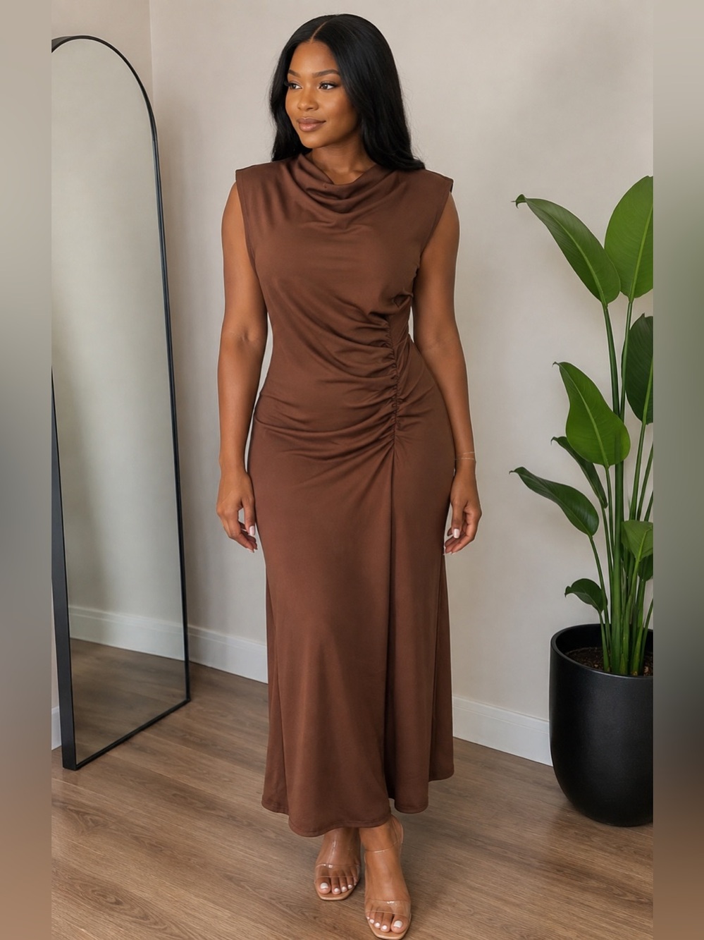 Aveloria Brown Draped Cowl Neck Ruched Maxi Dress Sleeveless Elegant BNWOT sizeL